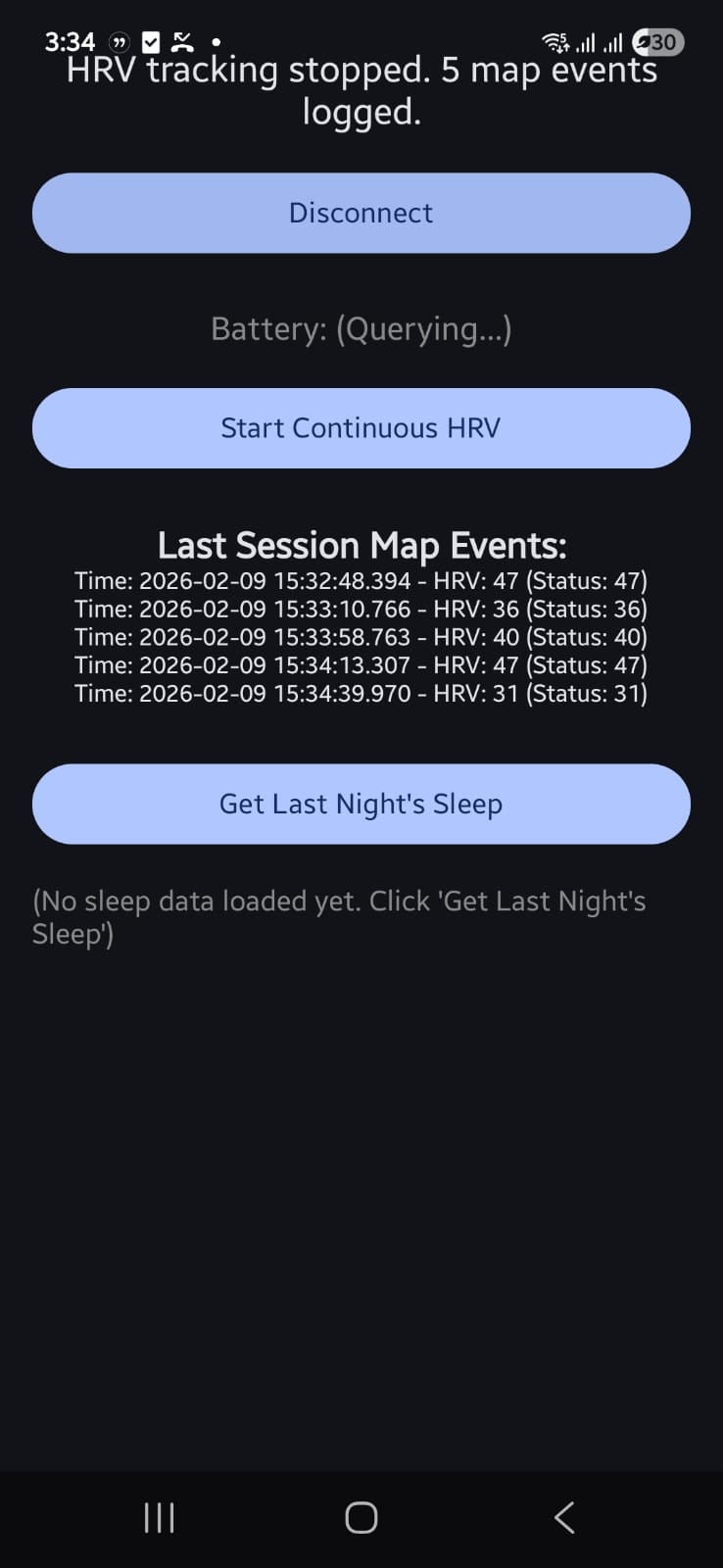 Prototype app displaying HRV events from a ring session