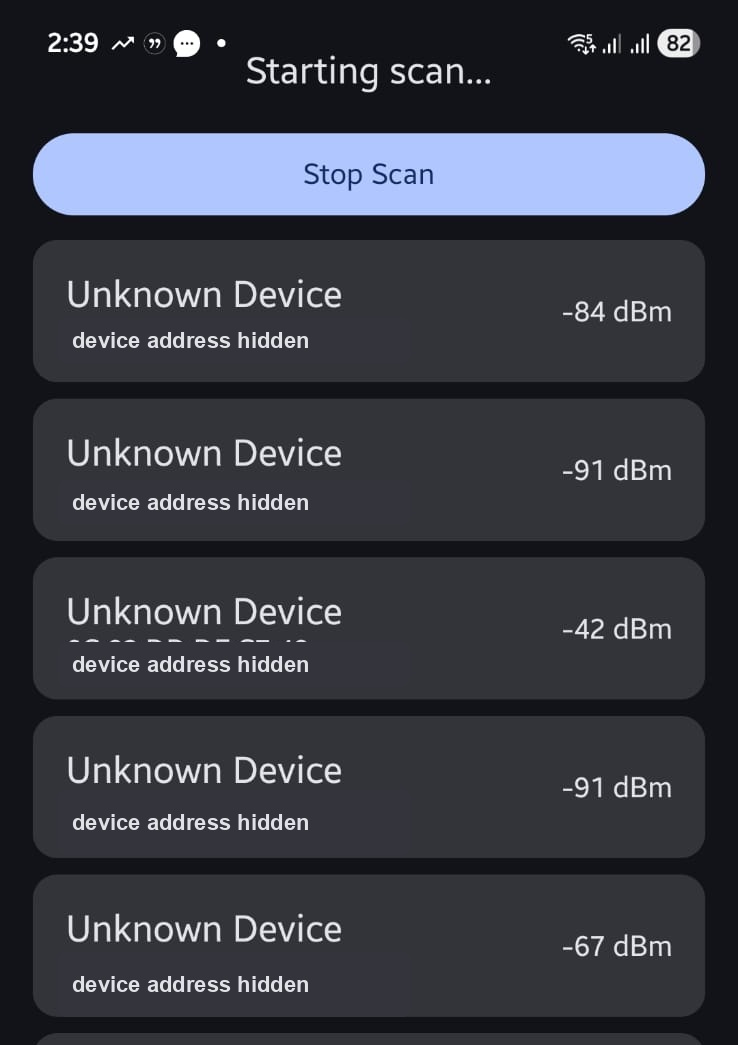Prototype app scanning for nearby BLE devices with addresses hidden