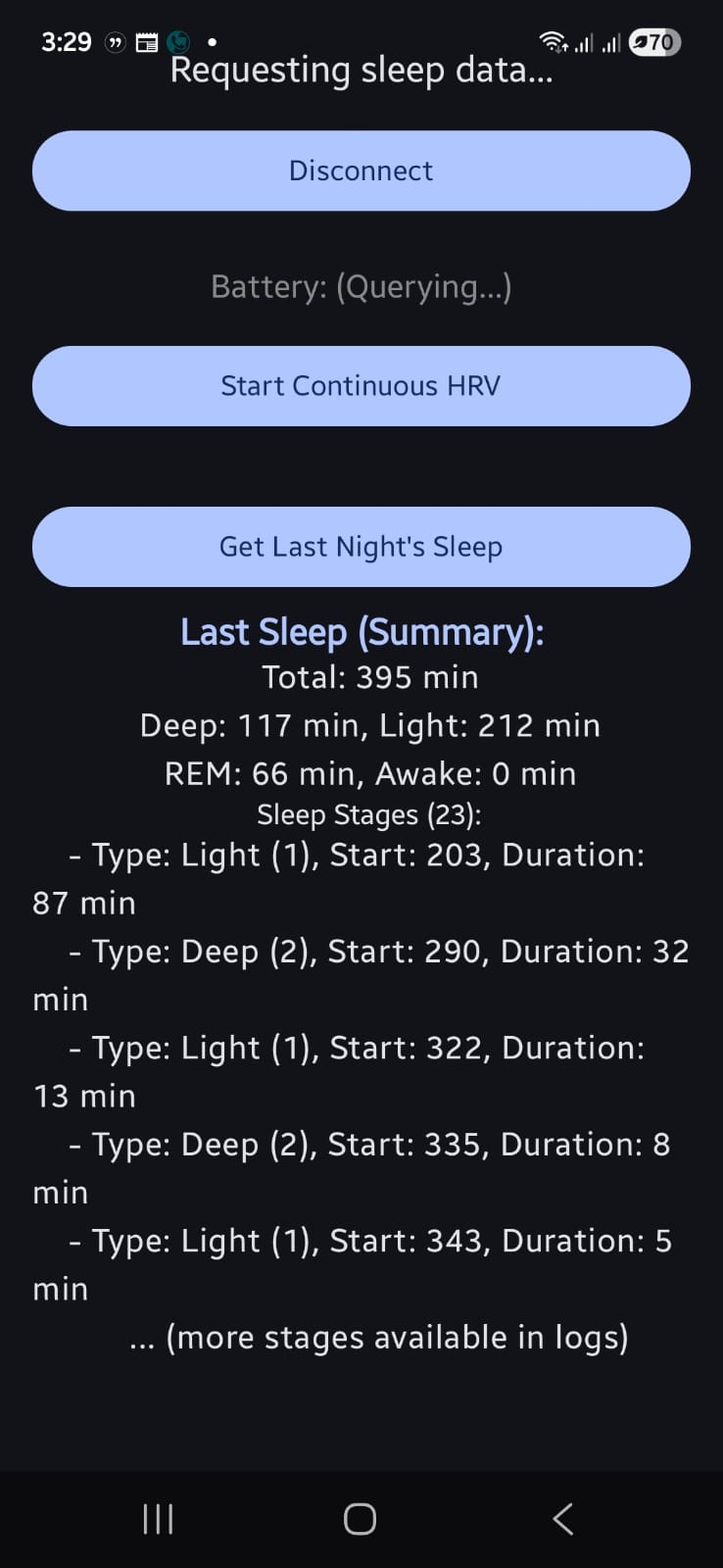 Prototype app showing extracted sleep summary and sleep stages