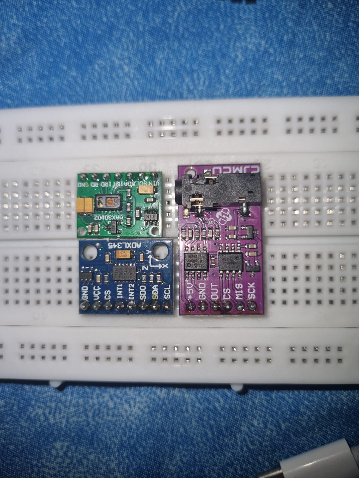 Sensor modules placed on a breadboard