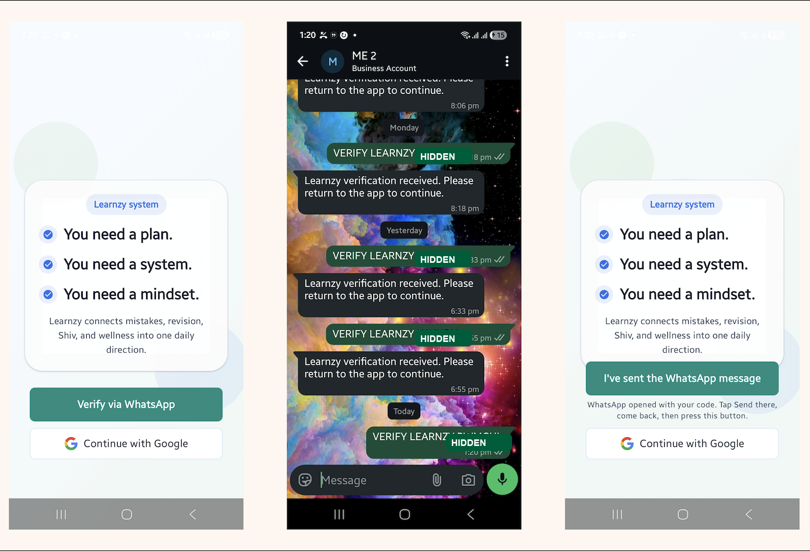 Learnzy WhatsApp authentication flow